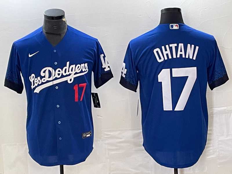 Mens Los Angeles Dodgers #17 Shohei Ohtani Number Blue 2021 City Connect Cool Base Stitched Jersey